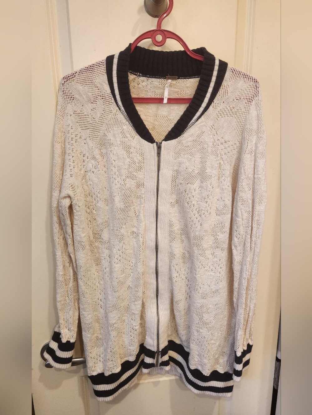Free People Ivory Combo lace crochet varsity zip-up sweater jacket.